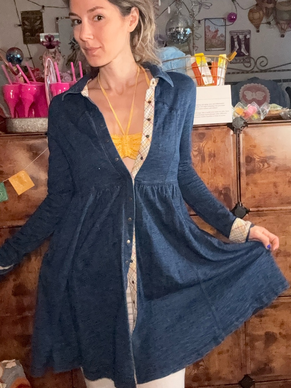 Free People Navy Blue Long Sleeve Mini Dress jacket that snaps up w/plaid trim